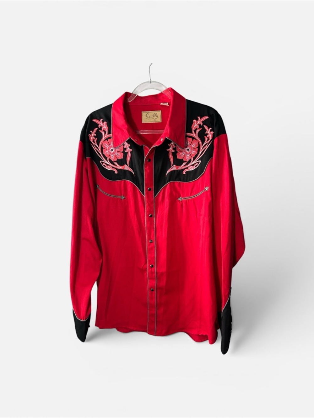 Scully Men's Red Floral Embroidered Long Sleeve Pearl Snap Western Shirt Sz XXL